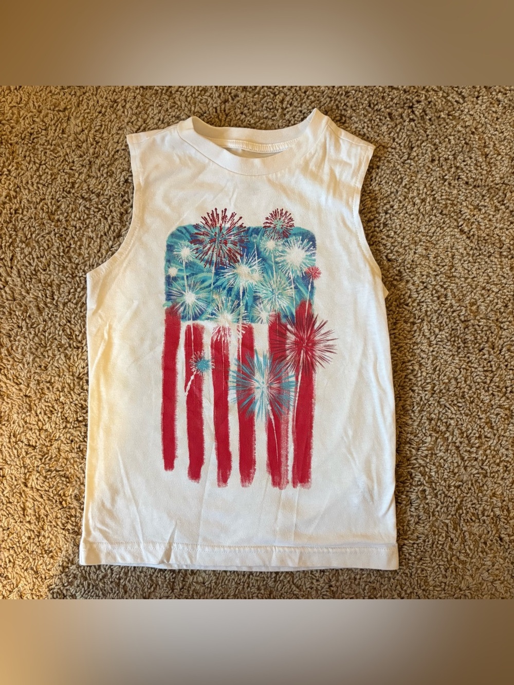 Kids White Sleeveless Tank with Patriotic Firework Flag Graphic size XS 4/5